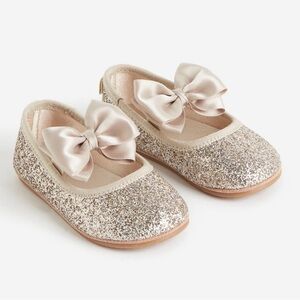 H&M Gold Glitter Sparkle Ballet Flats with Elastic Band and Satin Bow